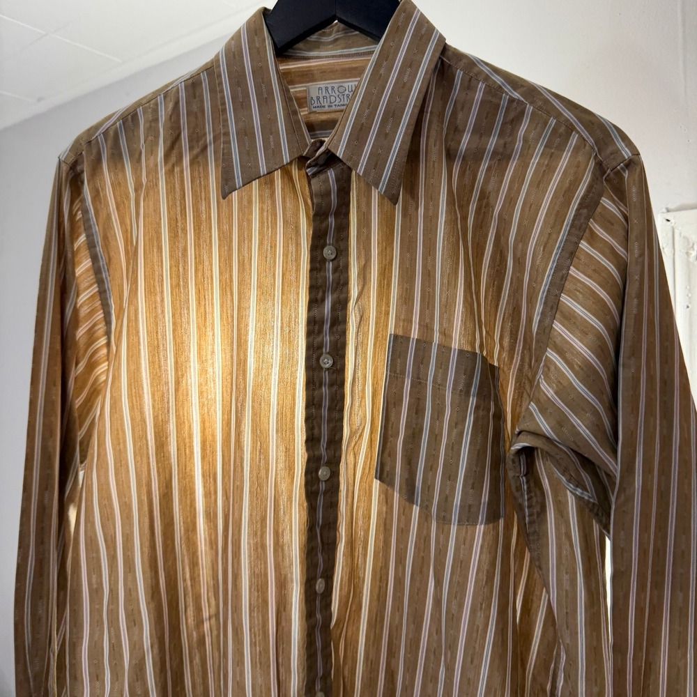 Vintage Arrow Bradstreet Button Shirt Mens 16-34/35 Tan Striped Rockabilly Thin